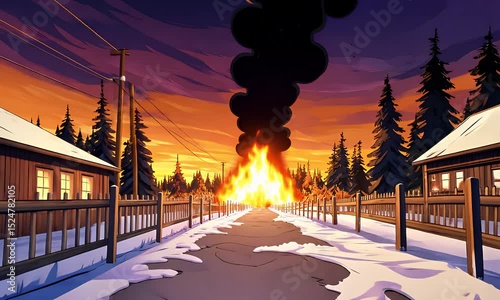 Village street fire burning during sunset
