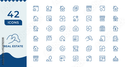 Real Estate minimal thin line web icon set. Included the icons as realty, property, mortgage, home loan and more.
