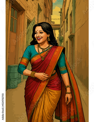 Woman in a red saree walking through a traditional market street.
