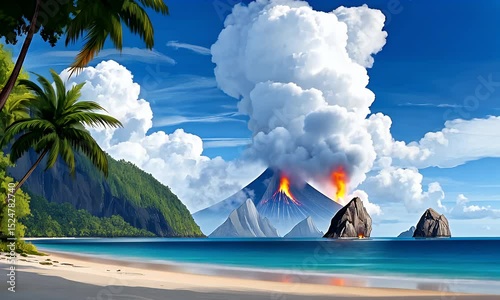 Volcano erupting near tropical beach