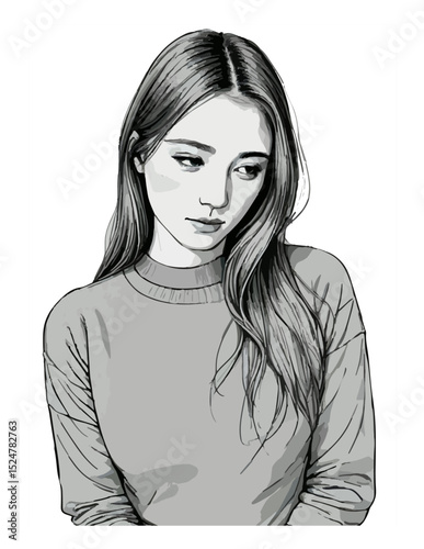 Monochrome sketch of a young woman looking down with a soft expression.