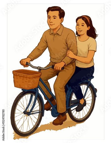Man and woman riding a bicycle together with happy expressions.