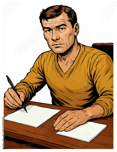 Man in casual attire writing at a desk with focused expression.