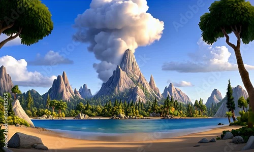 Volcano erupting near tropical island beach