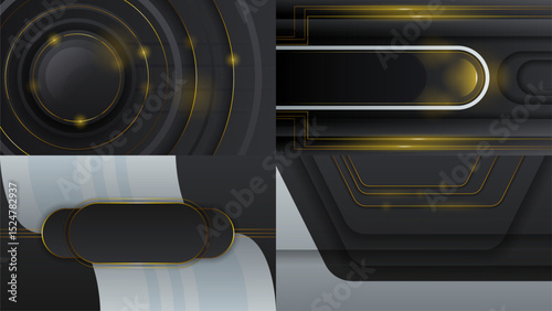 Set Abstract Collection Dark Black Gold Material Modern Background With Golden Lines Stripes Shadows Backdrop Wallpaper Decoration Vector Design Style