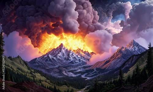 Volcano erupting in a mountain valley