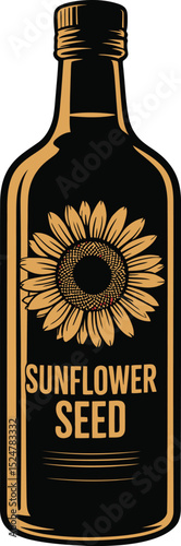 Elegant black bottle of sunflower seed oil with a vibrant floral label