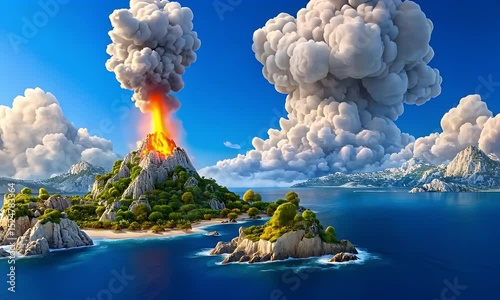 Volcano erupting on island, smoke rising