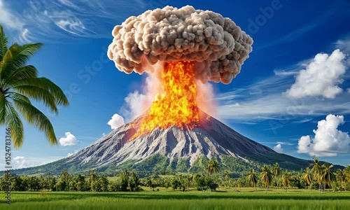 Volcano erupting with smoke and lava flow