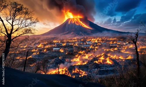Volcano erupting with lava flowing through town