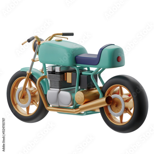 Teal and gold classic motorcycle illustration isolated on transparent background