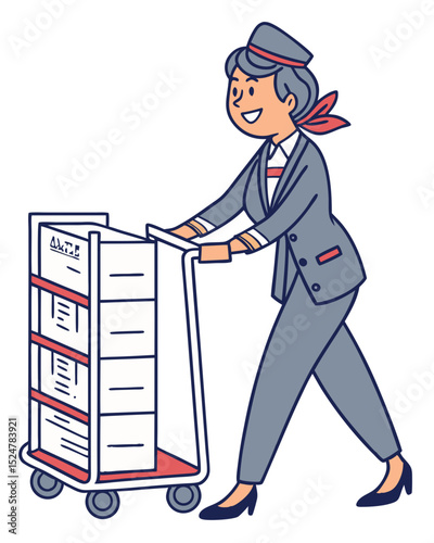 vector of a smiling flight attendant with trolley cart and boarding documents, clean style on white
