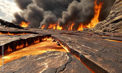 Volcano eruption with lava flow and smoke