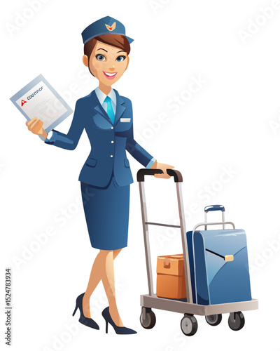 vector of a smiling flight attendant with trolley cart and boarding documents, clean style on white
