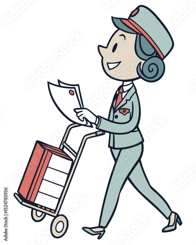 vector of a smiling flight attendant with trolley cart and boarding documents, clean style on white
