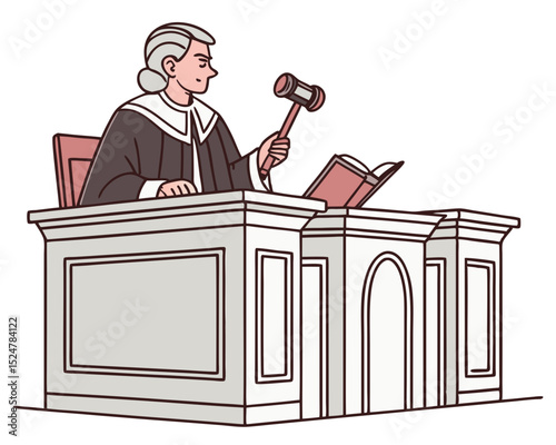 vector of a court judge sitting behind bench with gavel and law book, isolated on white
