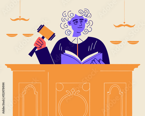 vector of a court judge sitting behind bench with gavel and law book, isolated on white
