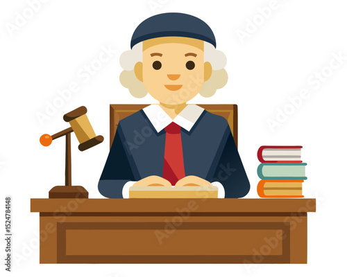 vector of a court judge sitting behind bench with gavel and law book, isolated on white
