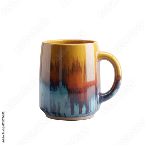 Ceramic mug with dripping glaze design isolated on transparent background