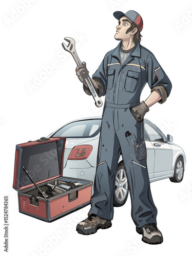 vector of a car mechanic holding wrench and open toolbox, grease marks on clothes, white background
