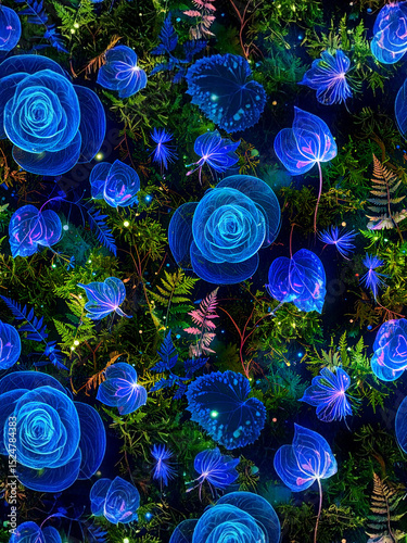A surreal floral arrangement featuring glowing blue roses, radiant pink leaves, and intricate ferns against a deep, shadowed backdrop. The soft luminescence evokes mystery, magic, and botanical elegan photo