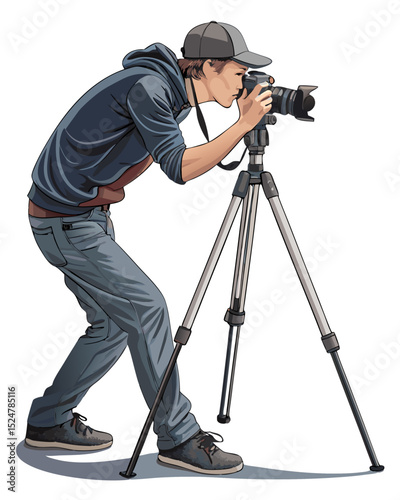 vector of a photographer adjusting camera on tripod, wearing casual clothing, isolated on white
