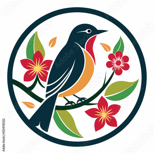 bird on a branch with flowers