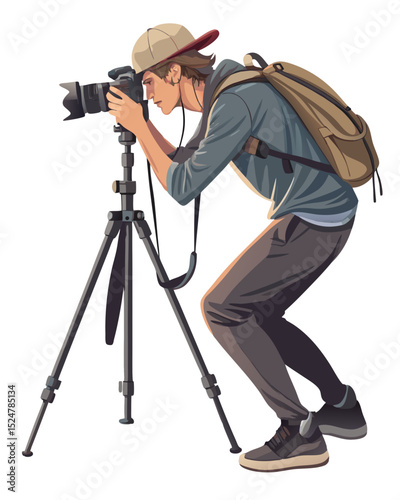 vector of a photographer adjusting camera on tripod, wearing casual clothing, isolated on white
