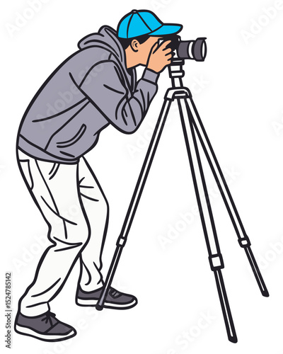 vector of a photographer adjusting camera on tripod, wearing casual clothing, isolated on white
