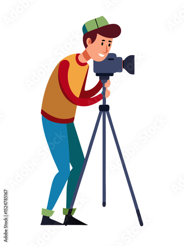 vector of a photographer adjusting camera on tripod, wearing casual clothing, isolated on white
