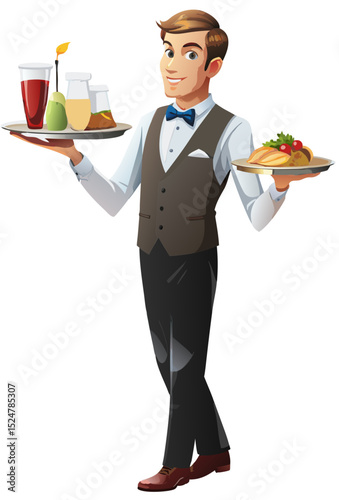 vector of a restaurant waiter balancing a tray of food and drinks, professional look, white background
