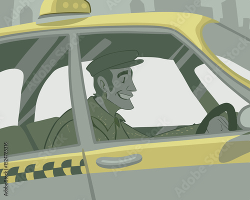 vector of a cab driver smiling from window with steering wheel visible, isolated on white
