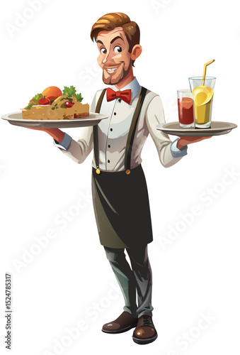 vector of a restaurant waiter balancing a tray of food and drinks, professional look, white background
