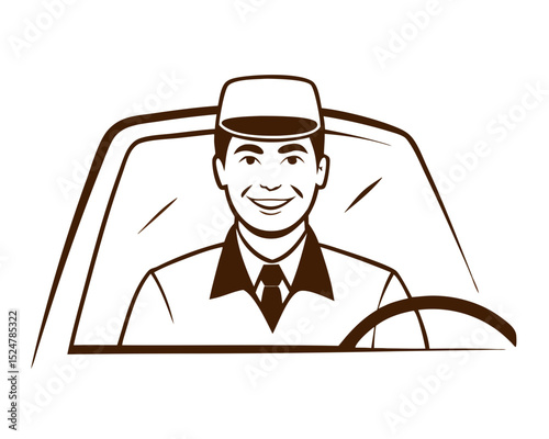 vector of a cab driver smiling from window with steering wheel visible, isolated on white

