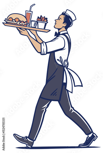 vector of a restaurant waiter balancing a tray of food and drinks, professional look, white background
