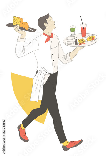 vector of a restaurant waiter balancing a tray of food and drinks, professional look, white background
