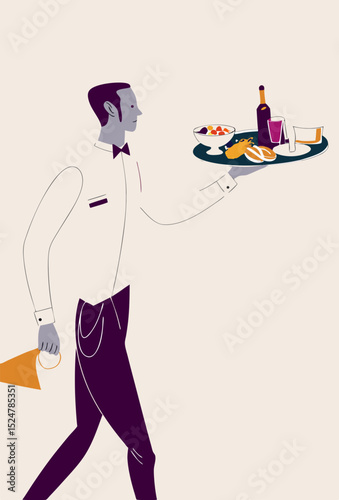 vector of a restaurant waiter balancing a tray of food and drinks, professional look, white background

