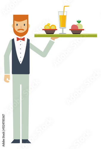 vector of a restaurant waiter balancing a tray of food and drinks, professional look, white background
