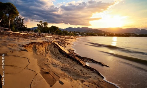 Waves gently washing over sandy beach at sunset