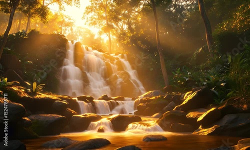 Waterfall flowing through lush green forest