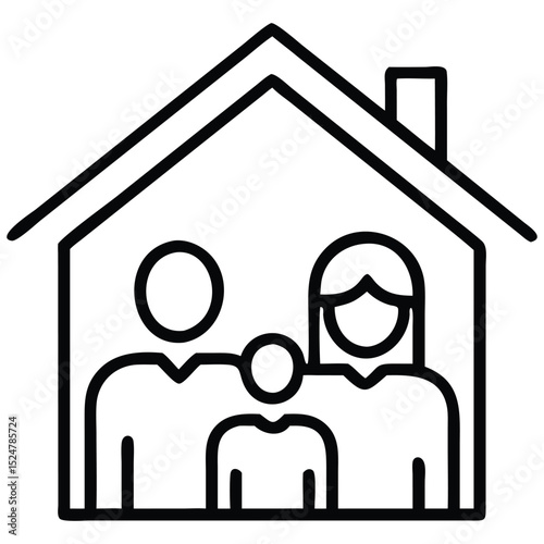 Family Icon Illustration Home Depicting Mother, Father, and Child Line Art