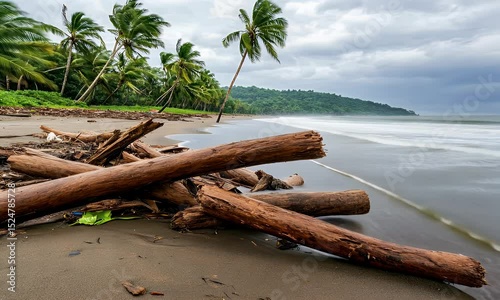 Waves gently washing up on tropical beach logs