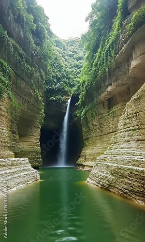 Waterfall flowing into a green canyon lake