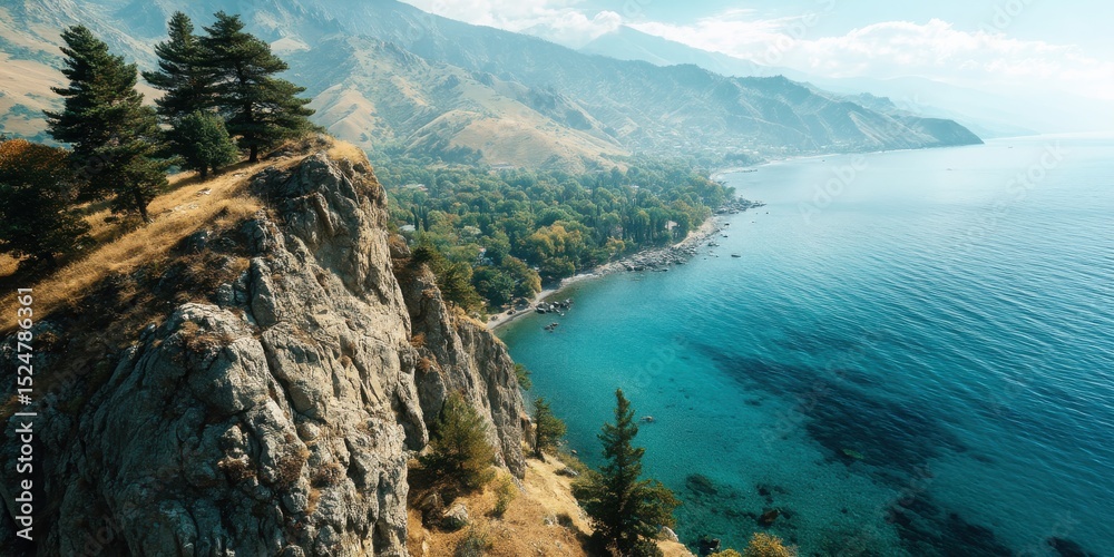 Fototapeta premium Breathtaking Aerial Panoramic Serene Golden Sunrise Landscape Concept. Serene Coastal Landscape with Cliffs and Clear Water Under Blue Sky and Mountains