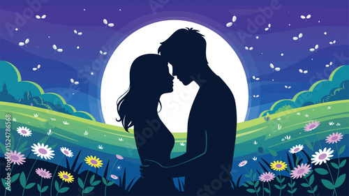 Romantic Couple Silhouette Under the Moonlight in a Flower Field