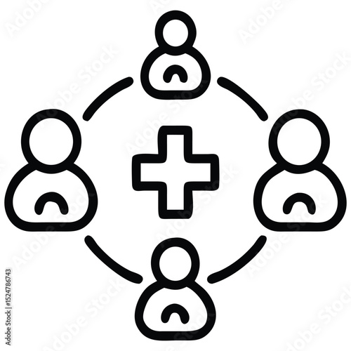 Four People Connected Around Plus Sign Symbolizing Healthcare Collaboration or Support Network