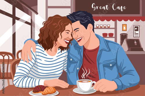 Romantic Couple Enjoying Coffee and Pastries at a Cozy Cafe