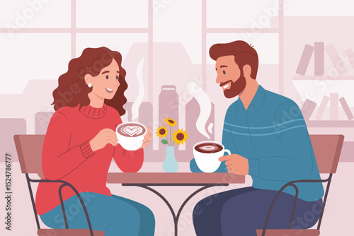 Romantic Couple Enjoying Coffee Date in Cozy Cafe Flat Vector Illustration