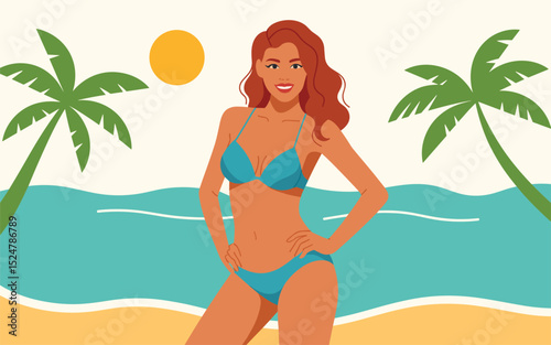 Summer Beach Vacation Woman in Bikini on Tropical Beach with Palm Trees