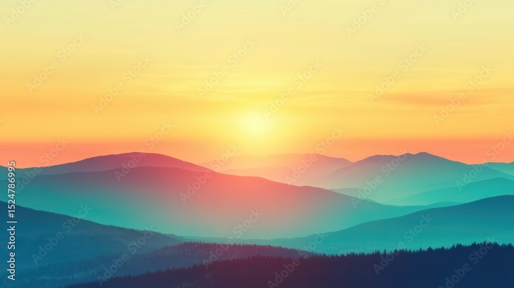 Obraz premium Breathtaking Aerial Panoramic Serene Golden Sunrise Landscape Concept. Serene Sunrise Over Misty Mountains with Gentle Hues of Blue and Orange in the Sky